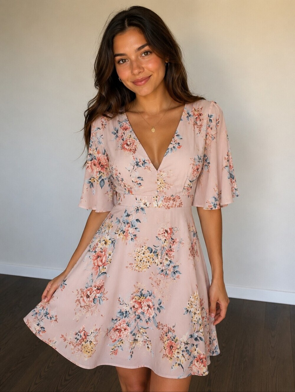 She + Sky Blush Pink Floral V-Neck Midi Dress
